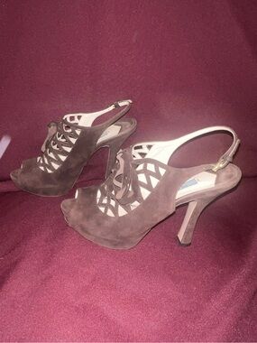 Prada brown suede peep toe slingback platform size 37 1/2